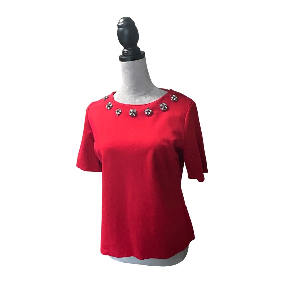 Talbots Petite Red Jeweled Neckline Short Sleeve Top MP Made in‎ Indonesia